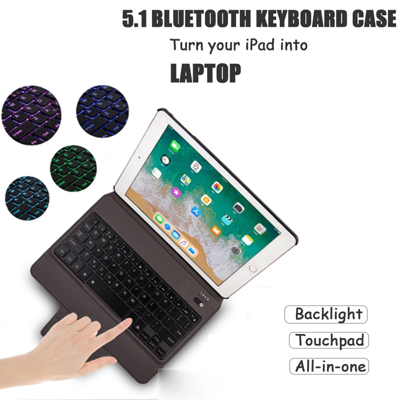 

Slim Keyboard Wireless for New iPad /iPar pro / Air 2 /Air 1 9.7 ,Blueooth Keyboard Case + 7 Color Backlit + Touchpad
