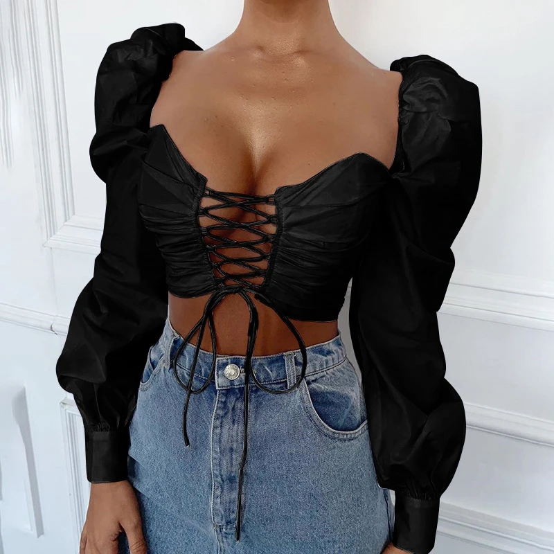 Top corto Sexy para mujer, camisas de manga larga lisas para mujer, ropa con cuello en V profundo, blusa ceñida elegante para fiesta