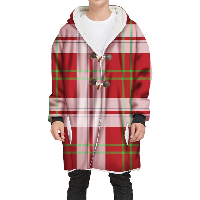 YOUTHUP New Winter Mens Long Velvet Hoodies 3D Different Plaid Printing Hooded Pullovers Thick Hoodies Streetwear
