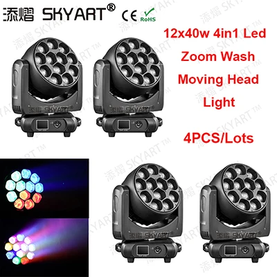 4PCS Точечный контроль Zoom Led Moving Head Wash 12x40w Rgbw 4в1 крашеный стробоскоп луч DMX Вращающаяся лампа в стиле диско освещение для сцены - Цвет: 4PCS