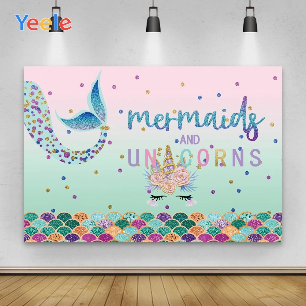 

Yeele с днем рождения Baby Shower Русалка Единорог пятна фоны для фотосъёмки фон для студийной съемки под заказ с изображением масляных рисунков ве...