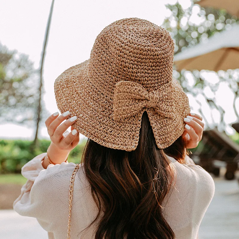 2019 New Harajuku Literary Hand Woven Bow Straw Bucket Hat Lovely Joker Fisherman For Women Foldable Holiday Sunshade Bonnet | Аксессуары