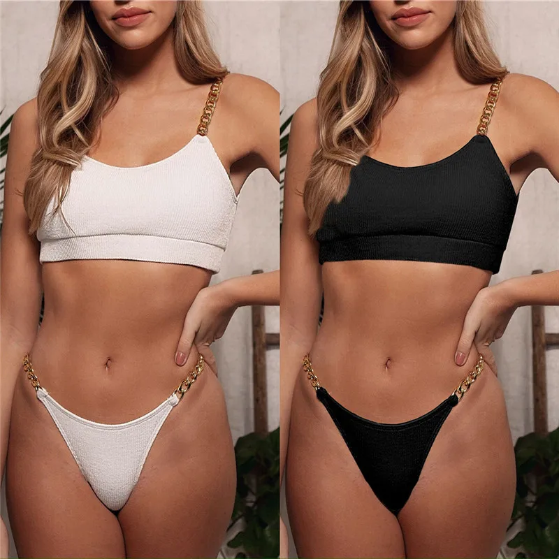 Solid Sexy Lady Women Bikini Split Swimsuit Chain Swimwear Female Bandeau Thong Brazilian Biquini Bikini Set Woman Suit