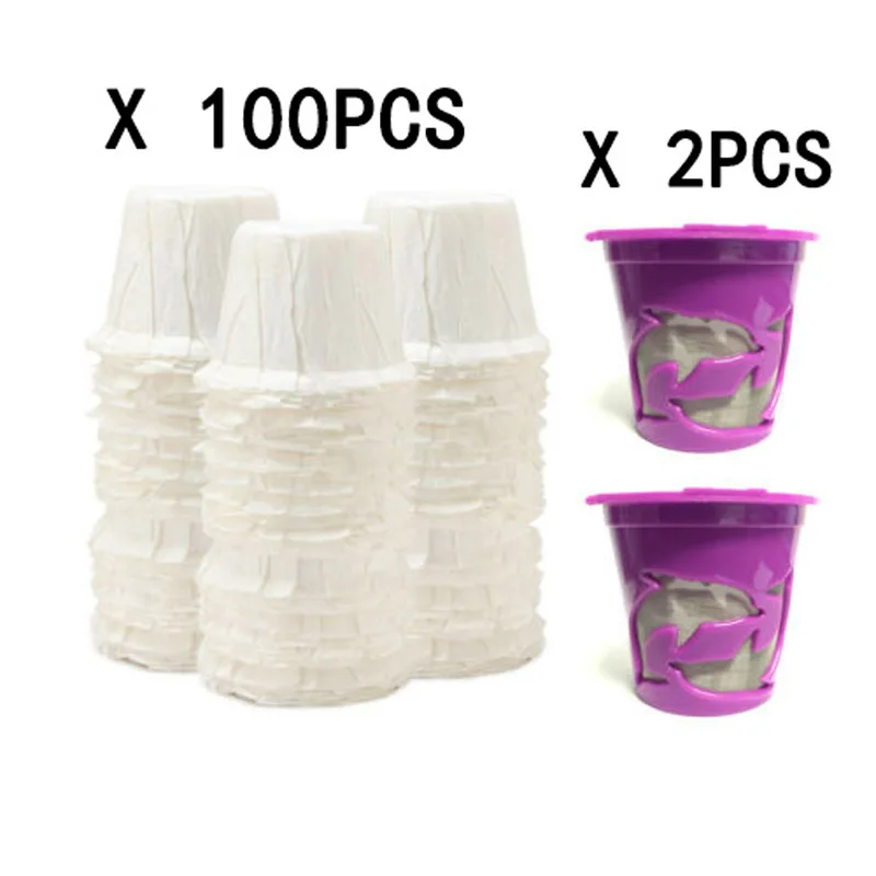

100 pcs Coffee Disposable Paper Filters + 2 pcs Reusable K Cup Coffee Filter Pods for Keurig machine