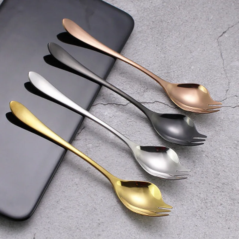 

10PCs Reusable 2in1 Spoon with Fork Creative 304 Stainless Steel Forks for Salad Fruit Cake Ice Cream Multifuncational Tableware