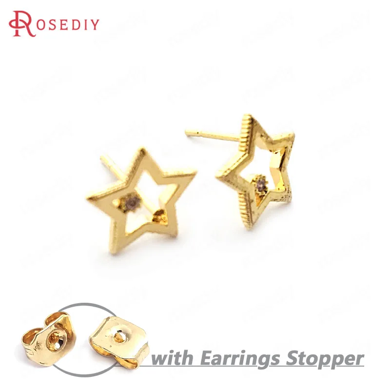 

(33728)6PCS Star 10*9.5MM 24K Gold Color Brass with Zircon Star Stud Earrings Pins High Quality Diy Jewelry Findings Accessories