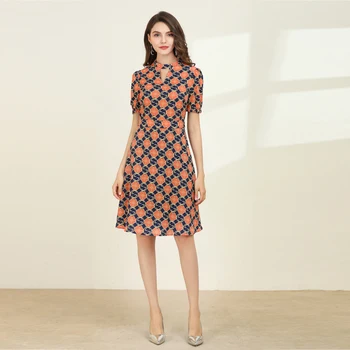 

Xiaomoli Temperament lady small yellow flower print waist show thin short sleeve dress 2019 winter new fashion women's wear