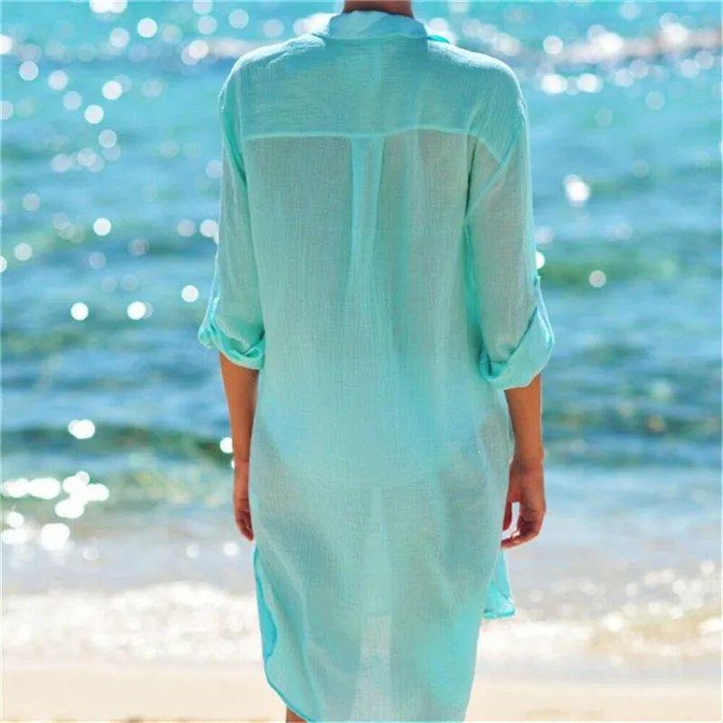 Женская пляжная одежда купальник, бикини, пляжный износ крышки ИБП рубашка кнопка дамы длинный рукав v-образным вырезом карман летнее платье крышка Ups
