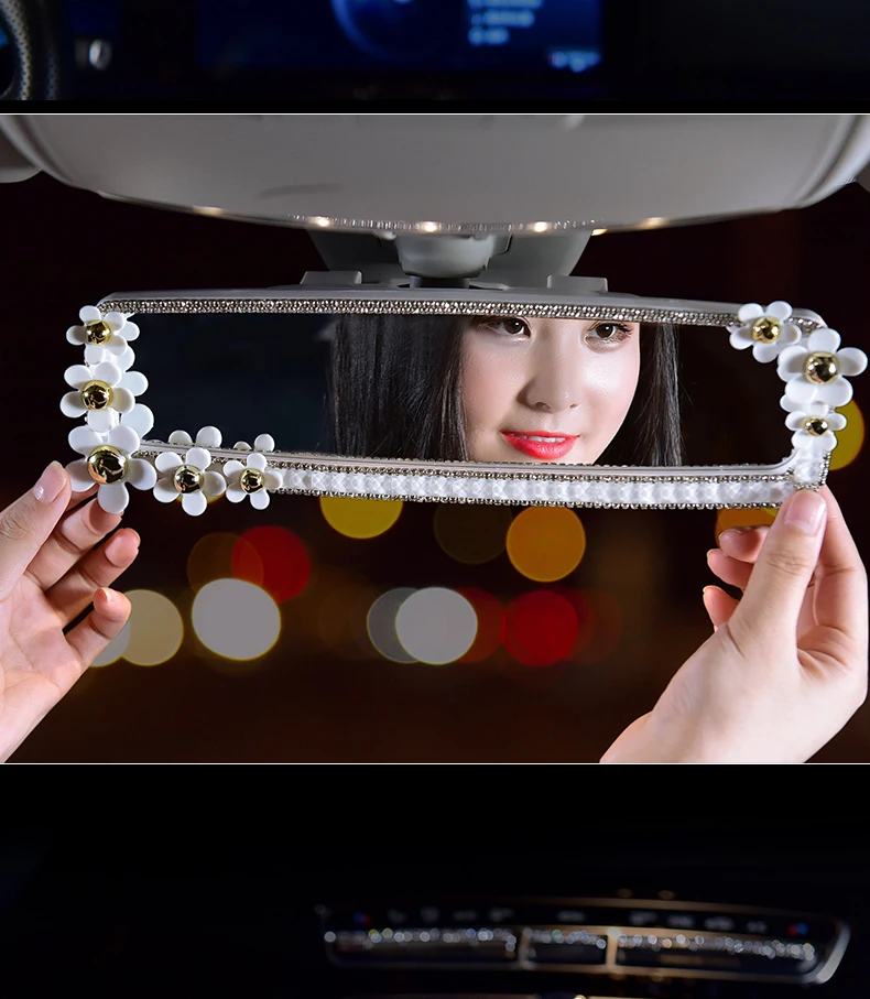 Блестящее Автомобильное зеркало заднего вида с бриллиантами, украшение в виде цветка ромашки, хрустальное Автомобильное зеркало заднего вида для девочек и женщин, автомобильные аксессуары