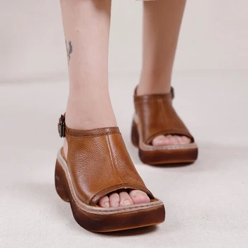

VALLU 2020 spring and summer new style thick bottom wedge heel leather fish mouth casual retro color sandals