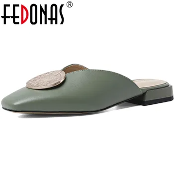 

FEDONAS Metal Decoration Vintage Women Mules Genuine Leather Low Hels Sandals For Women Brand Office Lady Basic Shoes Woman
