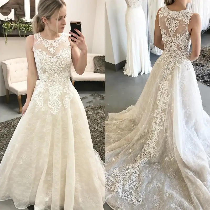 

Modest Lace Wedding Dresses Sheer Scoop Appliques Buttons Back A-Line Boho Country Bridal Gowns Sweep Train Vestidos De Novia