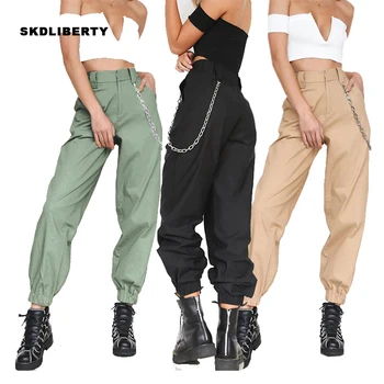 

Harajuku Streetwear Women Casual Harem Pants with Chain Solid Color Elastic Waist Pant Cool Hip Hop Long Trousers Capris
