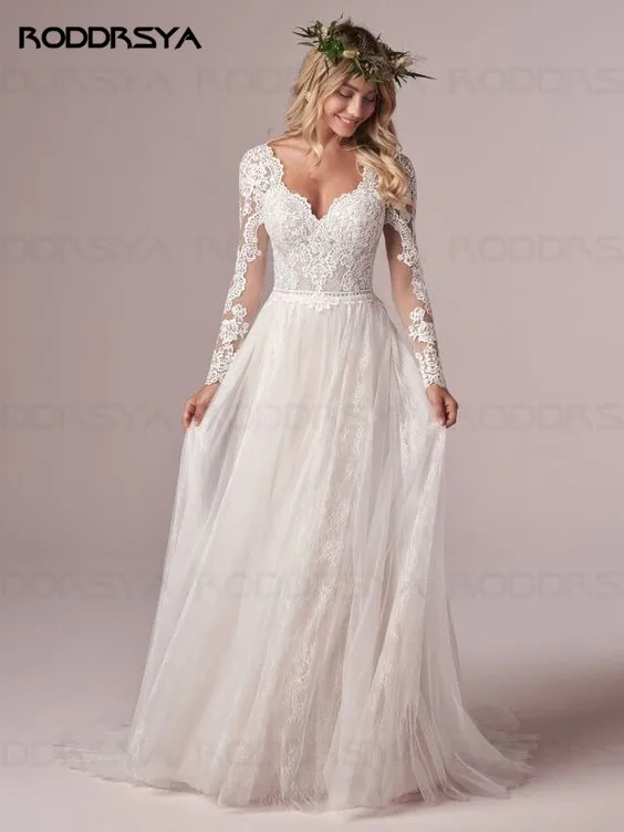 RODDRSYA A Line Long Sleeves Wedding Dresses  Lace Bridal Gowns 2021 Tulle Ivory Vestido De Novia Open Back свадебное платье 1