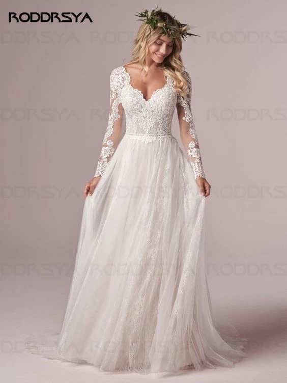 RODDRSYA A Line Long Sleeves Wedding Dresses  Lace Bridal Gowns 2021 Tulle Ivory Vestido De Novia Open Back свадебное платье vintage wedding dresses