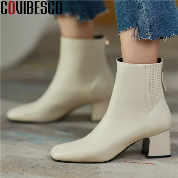 

COVIBESCO Elegant Square Tow Women Ankle Boots Genuine Leather Back Zipper Concise Thick Heels Pumps Party Casual Shoes Woman