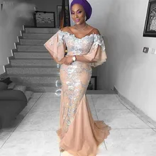 

Plus Size Evening Dresses African Women Wear Half Sleeves Sequined Lace Appliques Mermaid Prom Dress Satin V Neck Party Gowns