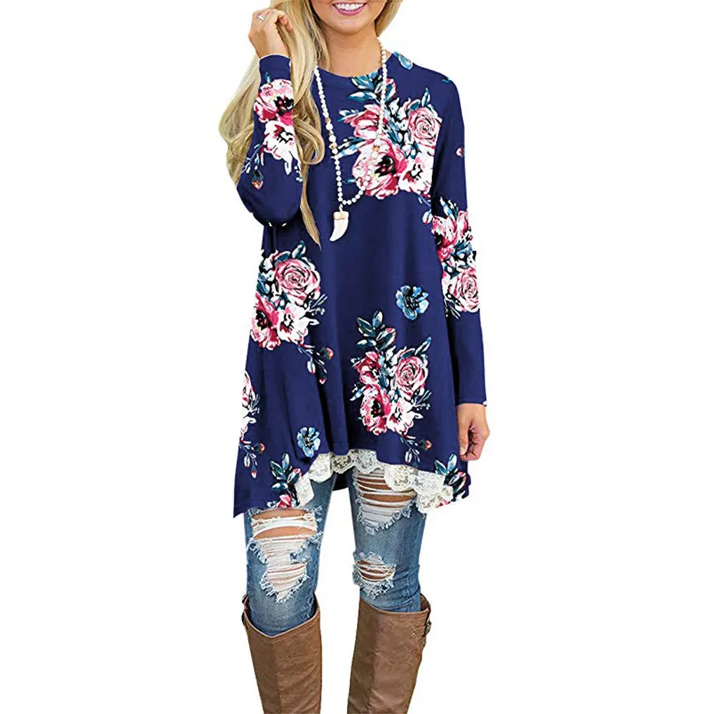 Женская одежда Boho, топы, Осень-зима, длинный рукав, кружева, цветочный принт, рубашки, повседневные, o-образный вырез, а-силуэт, туника, блузка, Camisas Mujer