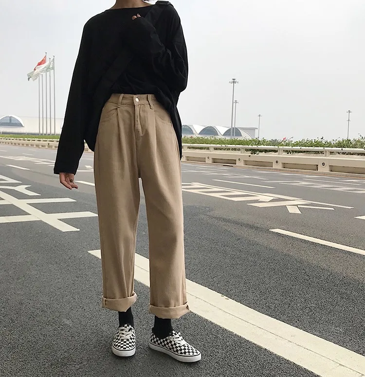 Женские джинсы, уличная одежда Harajuku Ulzzang, корейский стиль, свободные, с высокой талией, женские, тонкие, студенческие, прямые, женские брюки, шикарные, повседневные