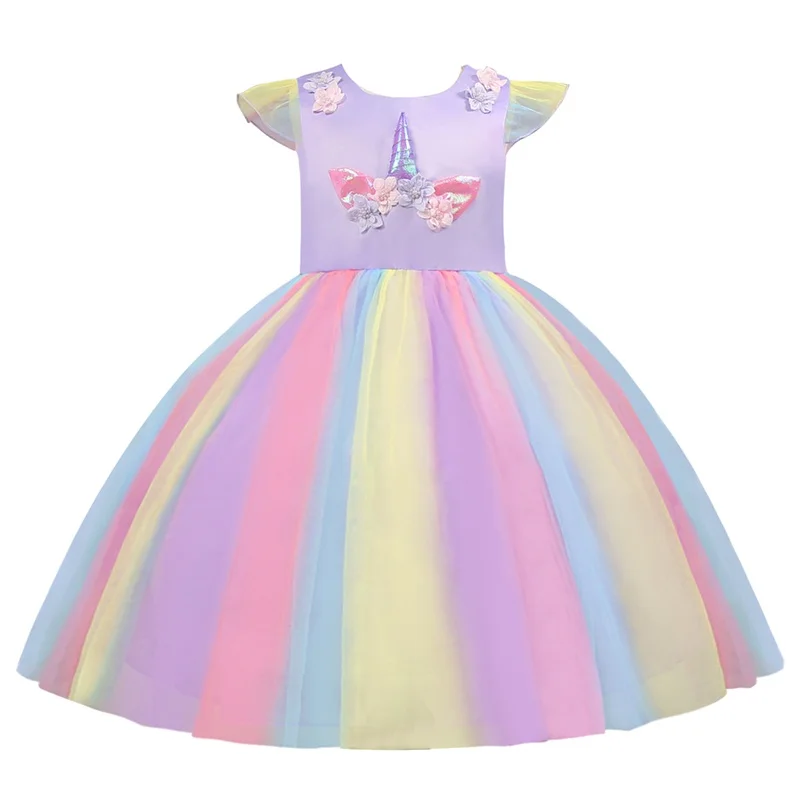Летнее платье-пачка с единорогом для девочек нарядное платье принцессы радужной расцветки, детское праздничное платье праздничные платья для девочек на день рождения детская одежда 4, 5, 6, 8 - Цвет: Purple