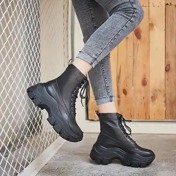 

Luxury brand wedges shoes women's new winter boots cow leather round toe high bottom British shool increased high mid-calf boots