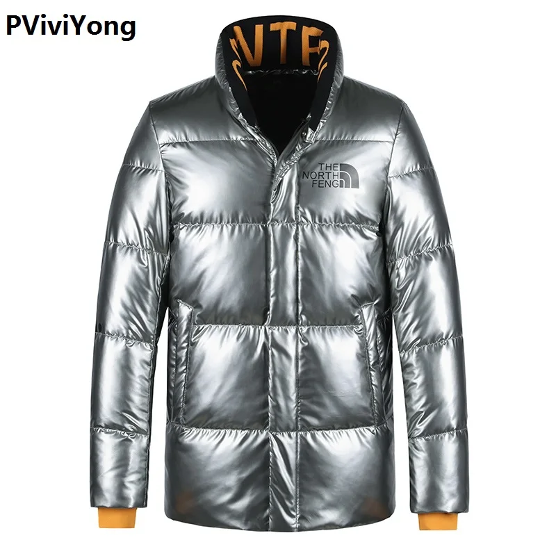 

PViviYong 2019 Winter high quality white duck down jacket hooded coated fabrics waterproof warm silvery parkas men coat 907