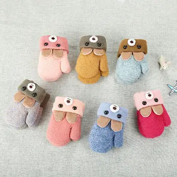 

Kids Baby Gloves Boy Girl Cute Bear Ears Lanyard Gloves Winter Autumn Knitted Thick Finger Mittens Fleece Warmn 0-3Years
