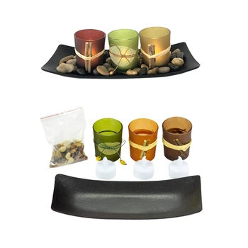 

Natural Candlescape Set, 3 Decorative Candle Holders, Rocks and Tray Home Decor D08D
