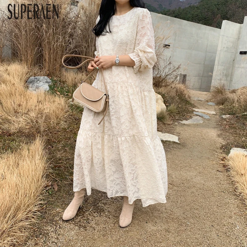 SuperAen, корейский стиль, женское платье, одноцветное, модное, женское кружевное платье, весна, новинка, длинный рукав, женская одежда