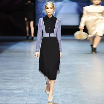 

2020 New Fashion Contrast Color Stripe Patchwork High Waist Irregular Long Sleeve Shirt Dress Women Office Ladies Streetwear