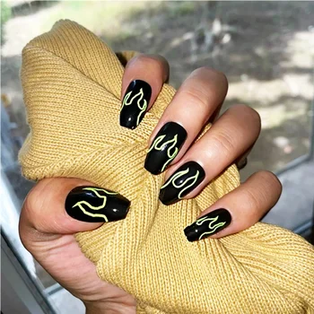 

24pcs 4 Fire Patterns Design Cool Girls Hand Decorative Fake Nails with Glue Full Cover Detachable press on nails with designs