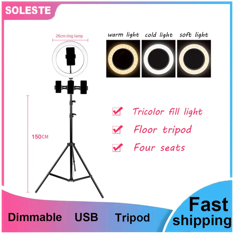 

SOLEATE LED Selfie Ring Light with Tripod Stand Phone Holder Dimmable USB Selfie Light Ring Lamp Ringlight for Cell Phone Studio