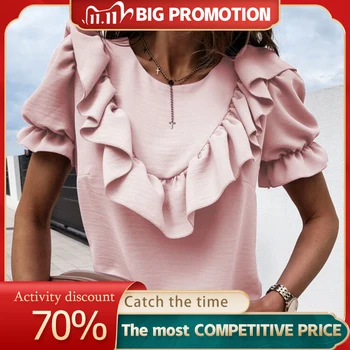 

Ruffled Puff Short Sleeve Women's Chiffon Blouse Summer Purple O-Neck Blouses Female 2020 New Fashion Loose Elegant Ladies Tops