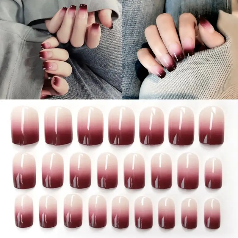 24PCS DIY Fake Nail Sheet Acrylic Glossy Bright Long Gradient Patch Double-sided Sticker Woman Fashion Art TSLM1 | Красота и здоровье