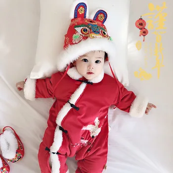 

baby romper chinese style Tang Costume infant romper long sleeve red pattern blet infant jumpsuits