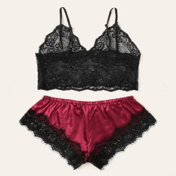 

Women Sleepwear Suit Sleeveless Strap Nightwear Lace Satin Pajama Sets Lingerie