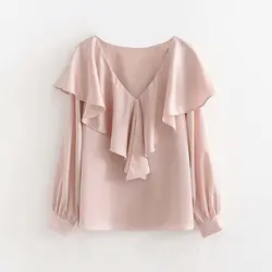 Элегантная розовая Женская рубашка с v-образным вырезом и оборками, шикарная блузка с длинным рукавом, плиссированная модная туника, топы