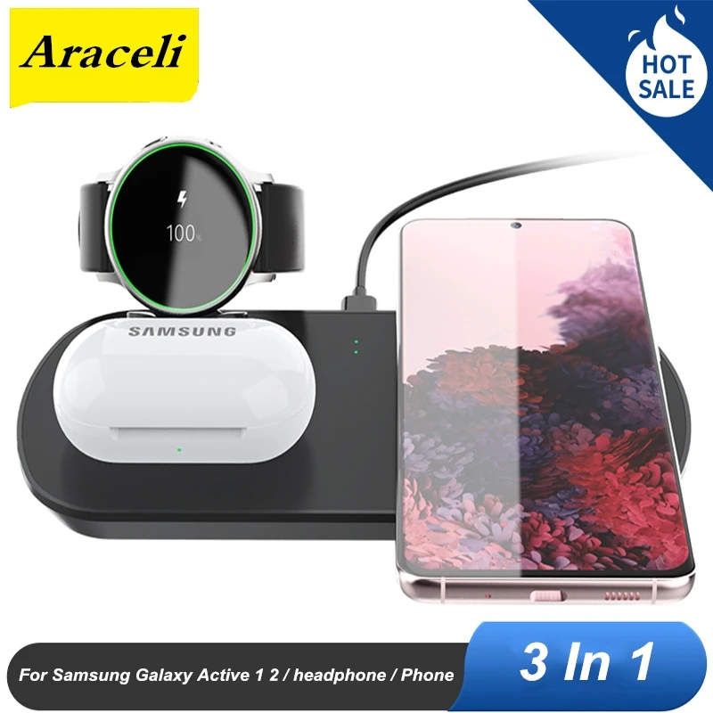 3 in 1 10W Fast Charge Wireless Charger Station For Samsung Galaxy Active 1 2 Headphone For Samsung iphone Phone Dock Holder