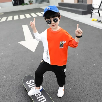 

New Spring and Autumn Children's Clothing 1-9 years old Green Orange Color Matching Set 2-piece Casual Boys Clothes
