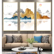 3 Панели белый и золотой рассвет Рисование абстрактного пейзажа плакат печать на холсте Живопись стены Искусство Картины для домашнего декора