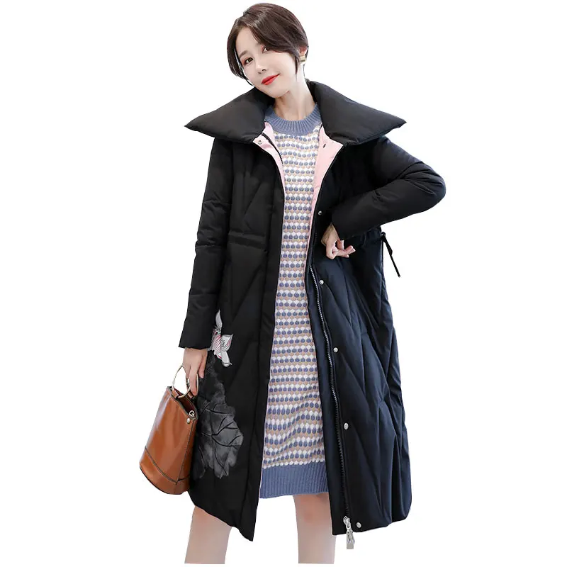 

Chic Wide Lapel Printed Winter Down Coat Heavy Jacket Oversize Thick Warm Cotton Padded Wadded Parkas Big Pockets