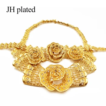 

Dubai Luxury 24K gold color Flowers Jewelry Sets of women African Ethiopian Necklace bangles Earrings Ring sets Wedding gifts
