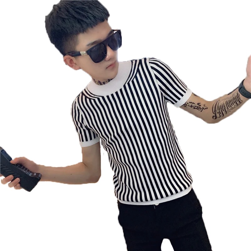 

Men's Sweaters O-neck Short Sleeve Base Casual Streetwear Social Striped Knitted Pullovers Slim Fit Male Clothes Sweaters Men