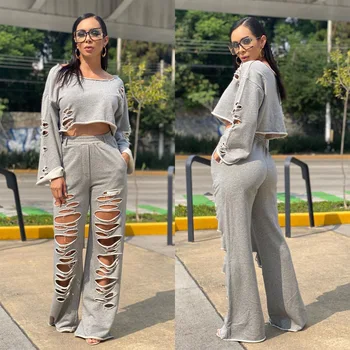

Fall New Chic Design Women Solid Ripped Two Piece Sets Lady Hollow-out O-Neck Full Sleeve Crop Tops High Waist Loose Pants Set