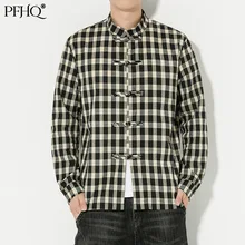 Pfhq 2021 outono inverno novo masculino retro disco botão cardigan gola de algodão linho xadrez manga longa camisa tang terno 21e5434