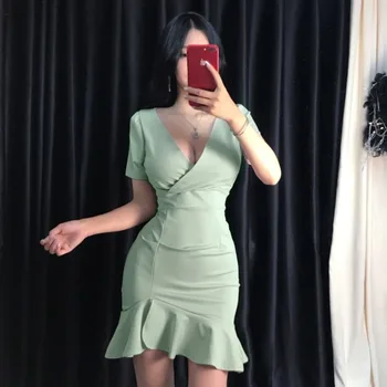 

Nightclub Dress Sexy Spring Summer Low Chest V Neck Short Sleeve High Waist Bag Buttocks Ruffles Fashion Mermaid Dresses S001