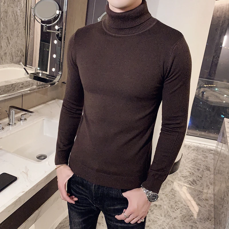 Повседневные мужские свитера, облегающие брендовые вязаные пуловеры, зимний мужской свитер, осенний мужской свитер с высоким воротником, однотонный цвет, Noel Kazak - Цвет: Brown