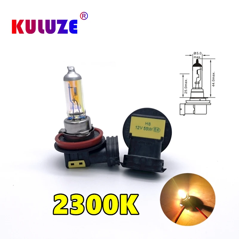 Лампа Налобная KULUZE H8, 12 В, 55 Вт, 2300 К, галогенная, PGJ19-1, замена апгрейд, желтая, с защитой от дождя и тумана, 2 шт.