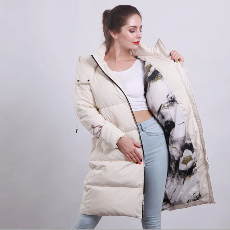 color same picture women newest long hooded duck down coats female fashion over knee Korean style warm slim casual clothes popular winter jackets - Цвет: color same picture