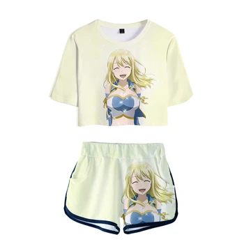 

New Fairy Tail Modis Sexy Two Piece Set Short Sleeve Tops + Middle Waist Shorts Suit Fitness Combinaison Harajuku Femme Suit